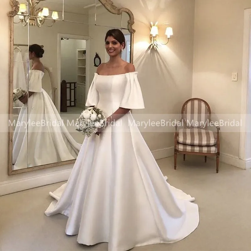 

Designer Off The Shoulder Wedding Dress With Half Sleeves Chapel Train Satin A Line Couture Bridal Dresses Vestido De Casamento