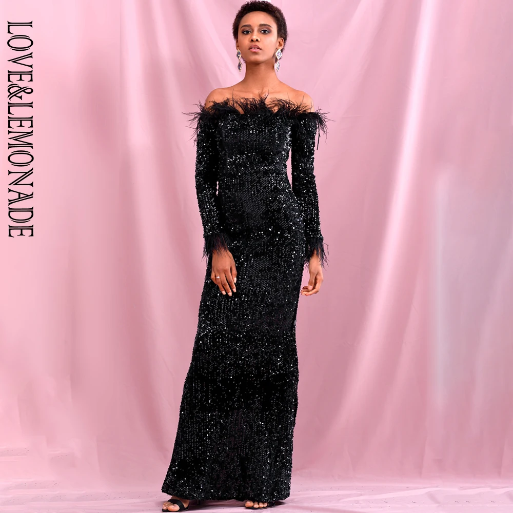 LOVE & LEMONADE сексуальное черное платье с воротником и длинными рукавами украшенное