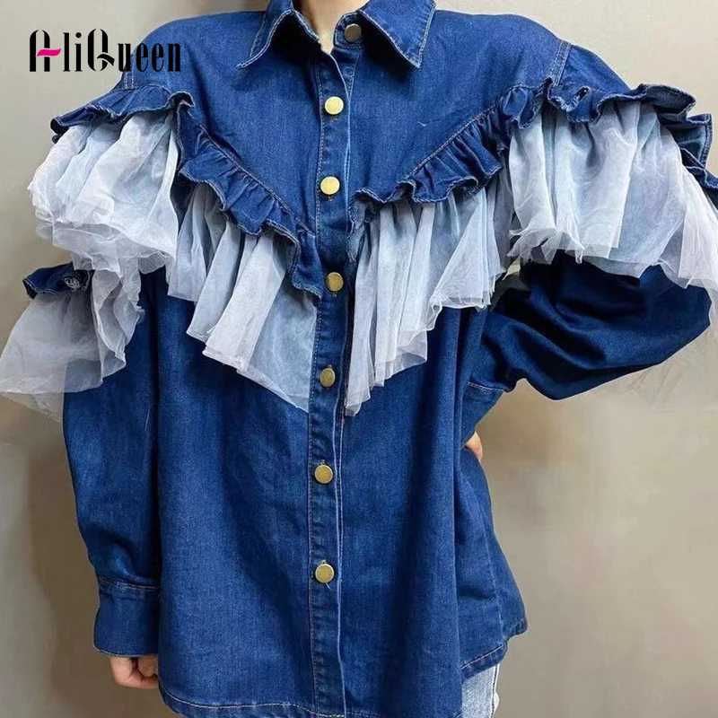 

Женская блузка с оборками, элегантная голубая рубашка из джинсовой ткани в стиле пэчворк с сеткой и длинным рукавом, топы с лацканами, пальт...