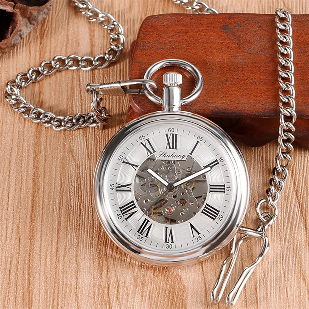 Silver/Bronze Roman Numerals Open Face Mechanical Self Winding Pocket Watch Automatic Mechanism Vintage Pendant Pocket Clock