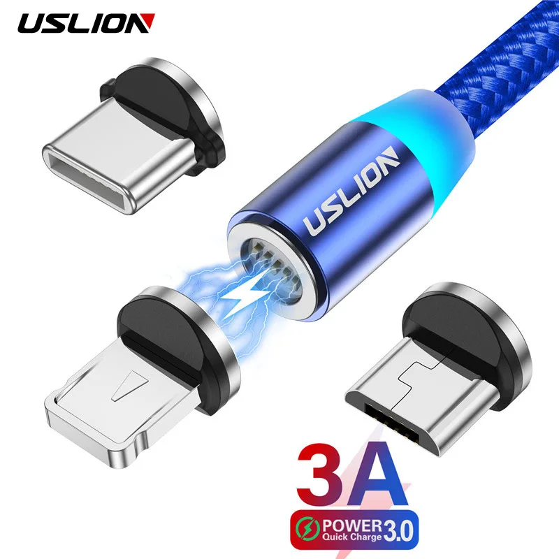 Магнитный кабель USLION для быстрой зарядки, 3 А, магнитное зарядное устройство Micro USB Type-C, светодиодный кабель для iPhone 11, 12, Xiaomi, провод для перед...