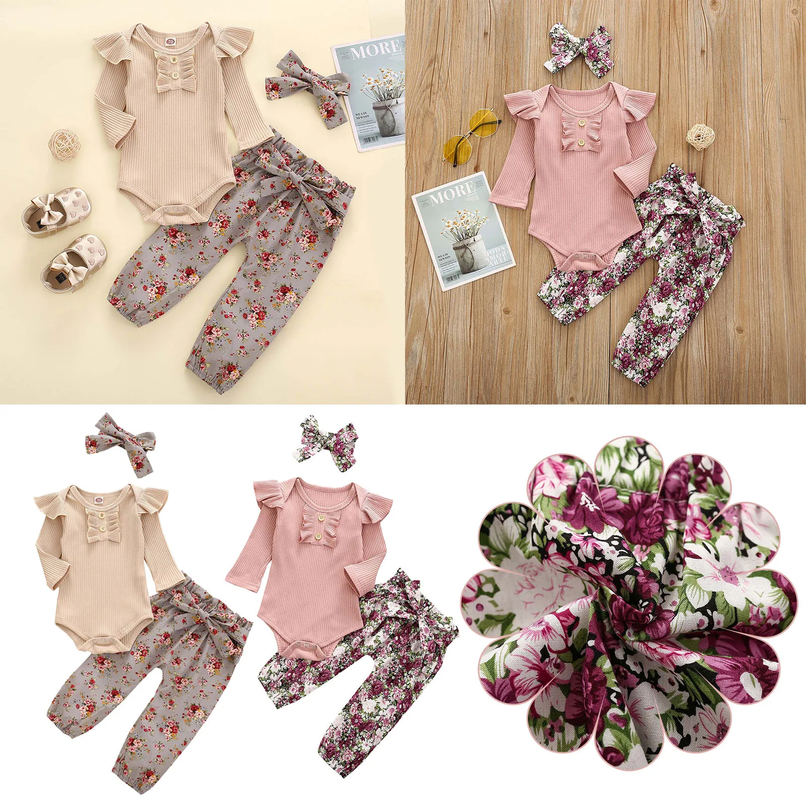 Хлопковый комбинезон в рубчик с длинными рукавами брюки штаны цветочным принтом