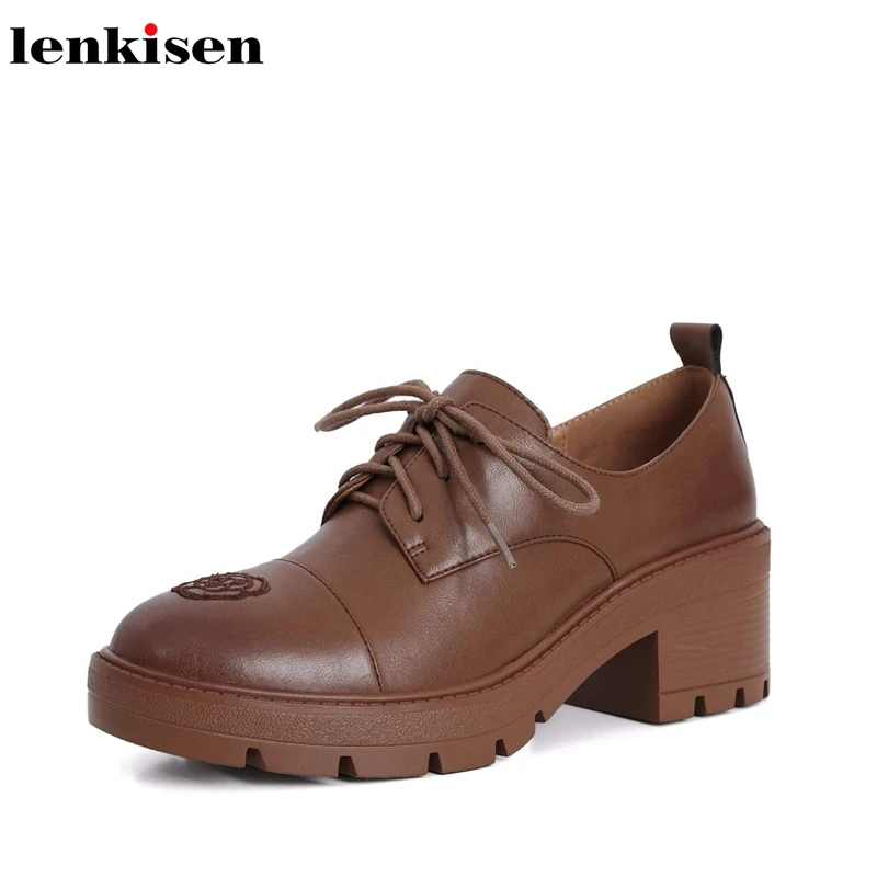 

Lenkisen 2021 new full grain leather round toe high heels preppy school vintage solid printing snkle lace energy women pumps L17