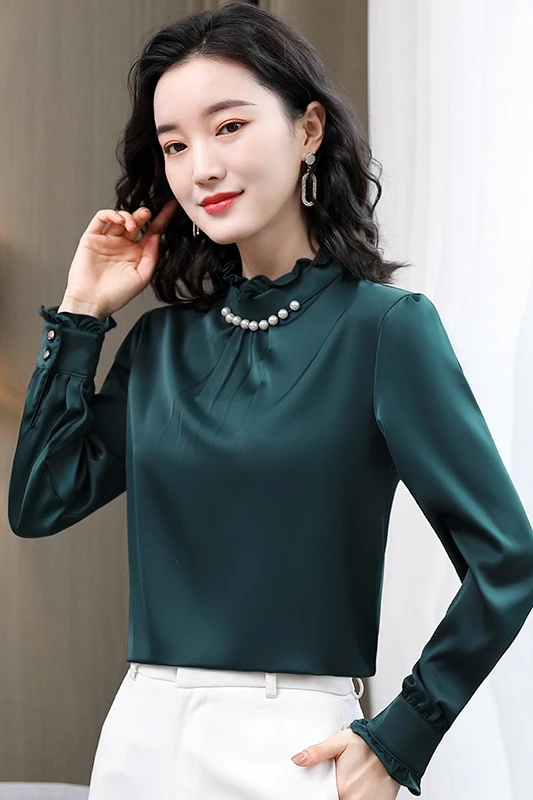 

Houthion Silk Women's Blouses Beading V-neck Pullover Spring/autumn Fashion Long Sleeve Top New Slim Commuter Blouse
