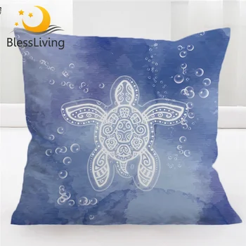 BlessLiving Sea Turtle Cushion Cover Tortoise Pillow Case 45*45 Watercolor Bubble Decorative Pillow Cover Marine Blue Kussenhoes 1