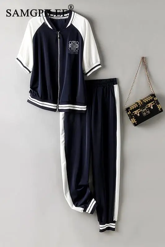 

Two Piece Sets For Women 2021 New Short Sleeve Casual Zipper Stand Collar Elastic Waist Ankle-length Patchwork Plus Size Set 4XL