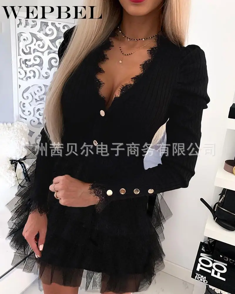 

Mandylandy Women Autumn Elegant Mesh Mini Dress Casual Sexy Long Sleeve Deep V Neck Button Dress Night Club Wear