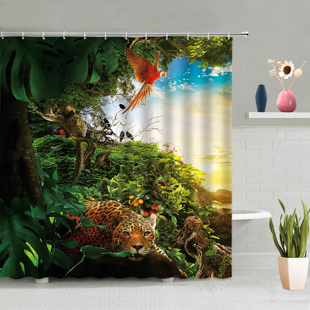 

Занавеска для душа с тропическими животными джунглей, тигр, леопард, попугай, зеленые листья, растение, цветок, лес, экран для ванной комнаты,...