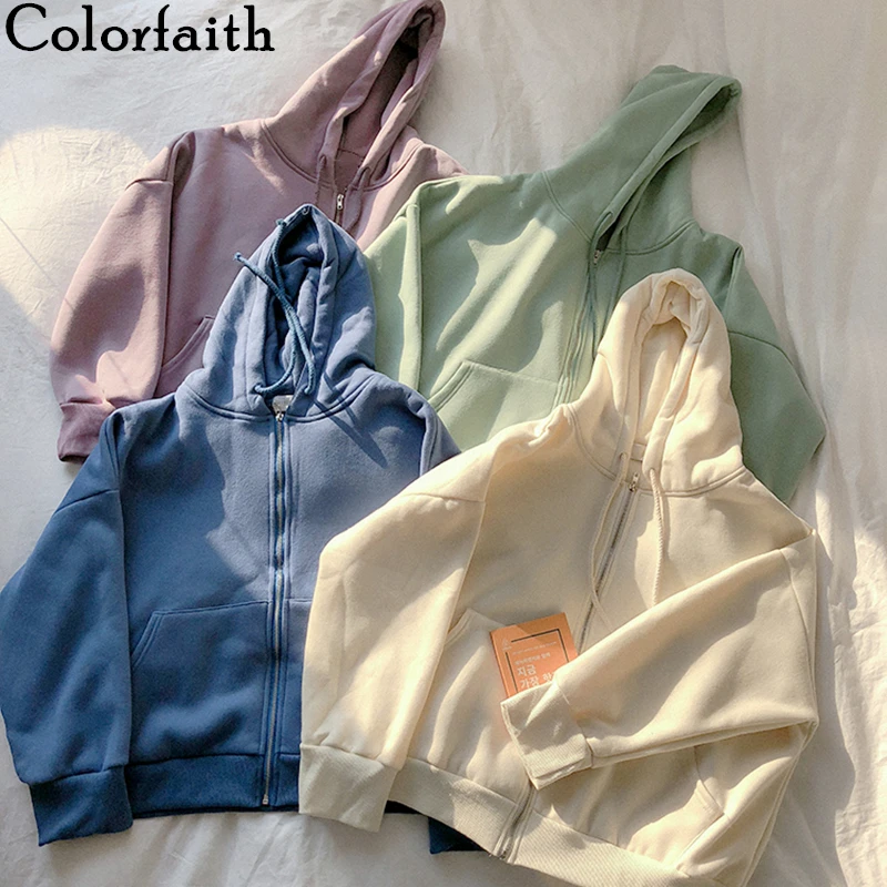 

Colorfaith New 2021 Autumn Winter Women Sweatshirts Zipper Oversized Fashionable Pocket Korean Style Hooded Pop Wild Tops SS3588