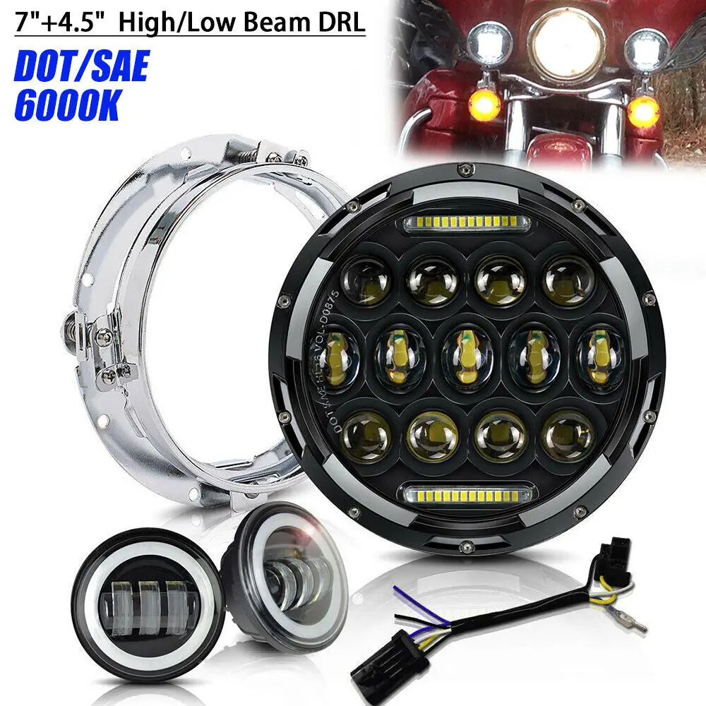 Black set for Harley 7 дюймов 75 Вт светодиодный налобный светильник для Harley, светильник для вождения+ противотуманная фара+ монтажная головка, то же самое для Jeep NIVA& мотоциклетная светодиодная фара - Испускаемый цвет: Black set for Harley