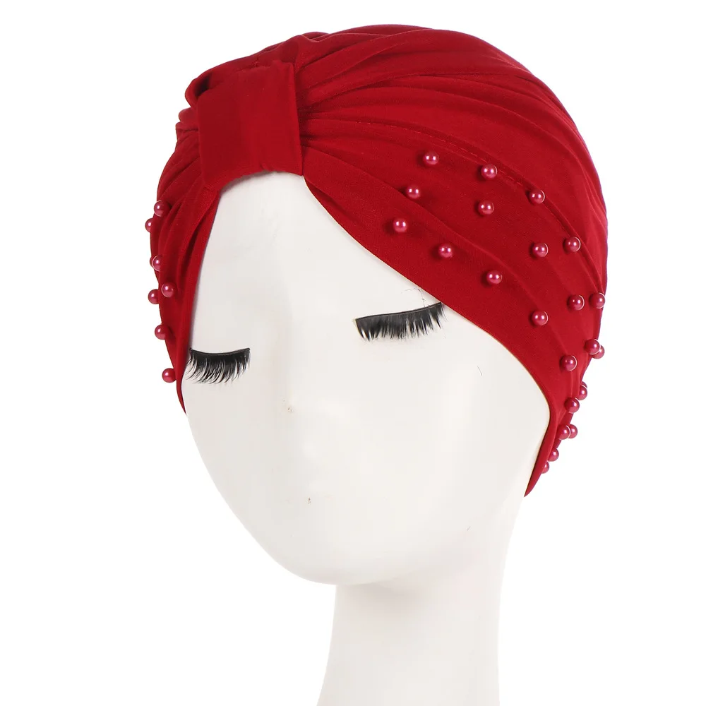 

Fashion Solid Women Cotton Turban Hijab Beading India Caps Elastic Muslim Hat Chemo Caps Headwraps soft Female Muslim Hijab Caps