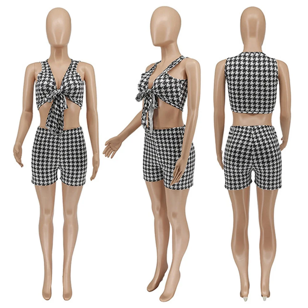 

RStylish Two Piece Suits Summer Women's Set Plaid Sleeveless Lace Up Crop Tops+Streachy Elastic Shorts 2021 New Female Outfits