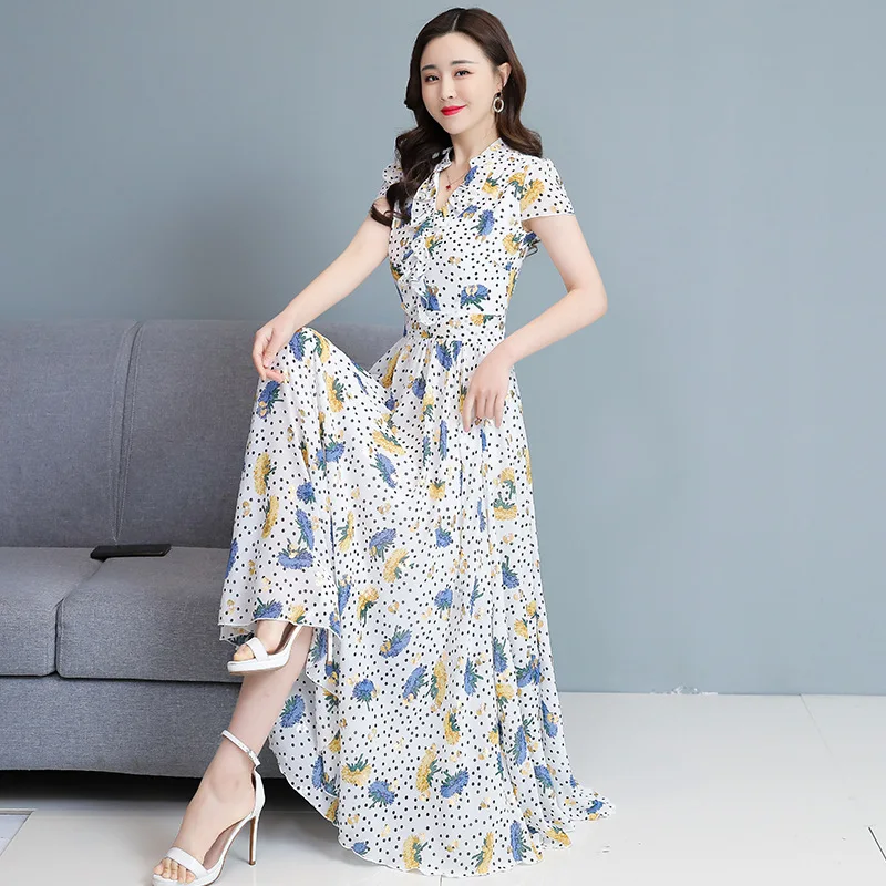 

In spring and summer,the new Korean fashion waist is slim and long,and the printing temperament fairy short-sleeved dress tide