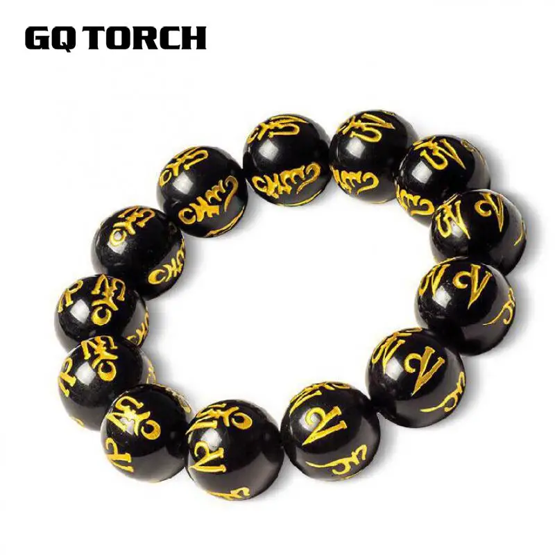 Натуральный черный обсидиан Оникс Камень бисерные браслеты резьба шесть слов