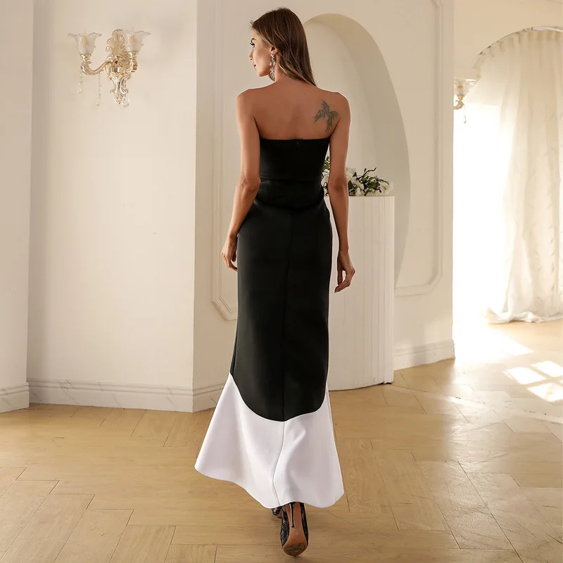 

HF Strapless Evening Party Dress Summer Women Elegant Club Black Vestidos Long Patchwork