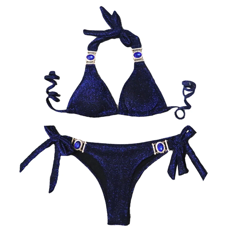 Quanss Glitter Rhinestone String Thong Bikini For Women 2021 New Beach Wear Swimwear Sexy Two Piece Swimsuit Halter Bathing Suit