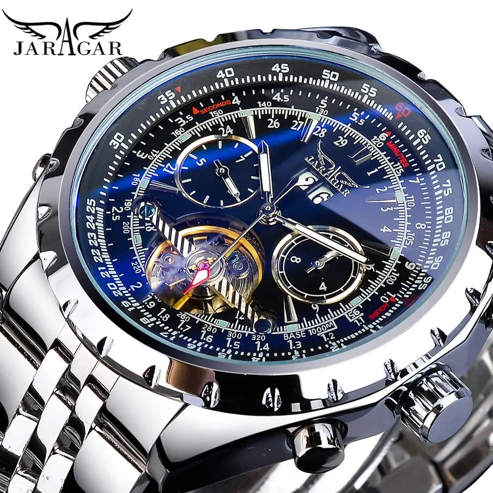 Мужские автоматические часы Jaragar Tourbillon черные светящиеся с календарем ремни из