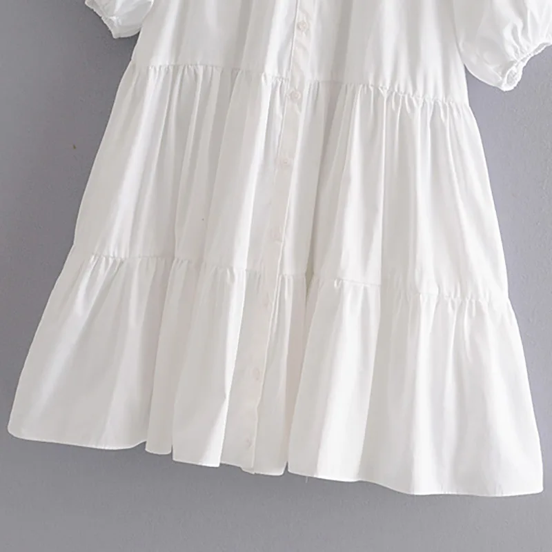 

Summer European and American fashion all-match solid color lapel puff sleeve small pleated slim and wide swing dress