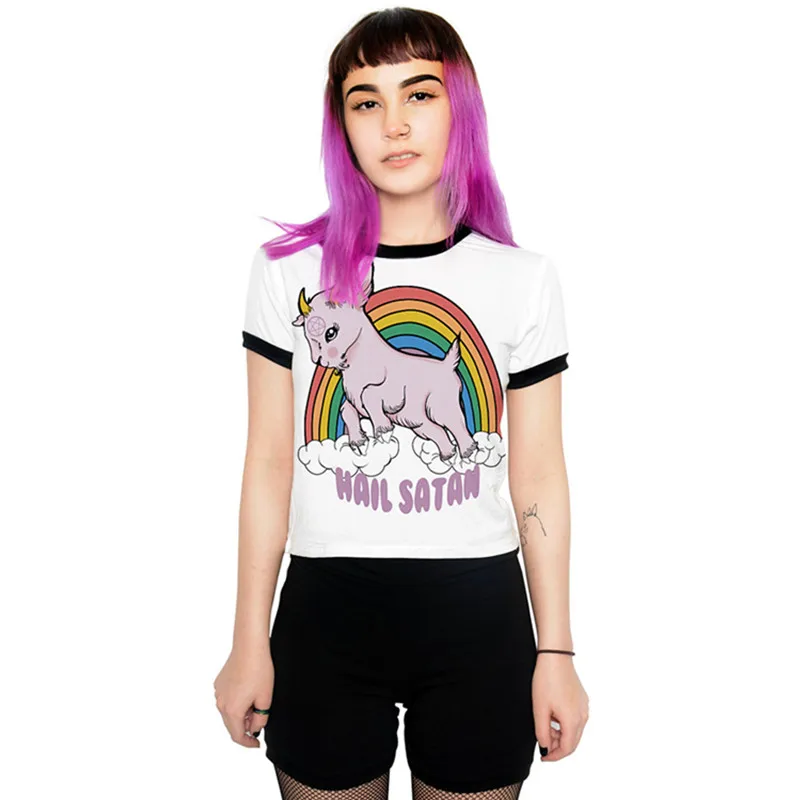 Женский укороченный топ с 3D-принтом белая футболка радужным принтом козы медведя