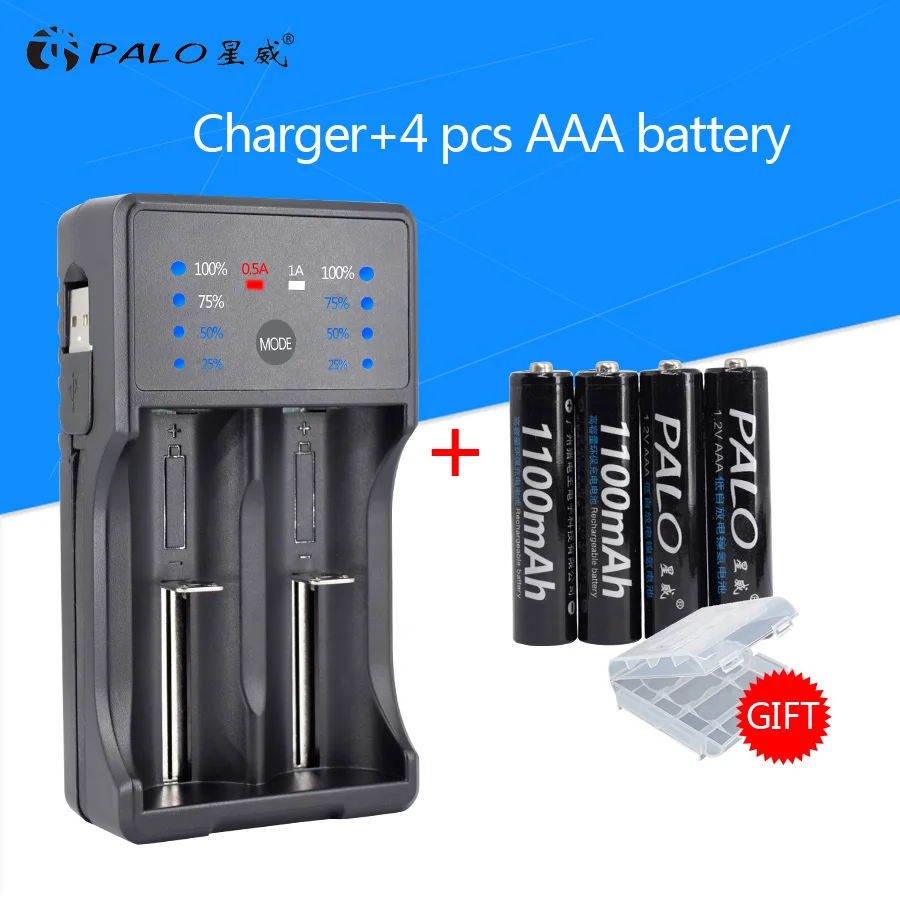 Charger 4pcs AAA Palo 4 шт. AAA батарея+ умный светодиодный дисплей зарядное устройство USB зарядное устройство для Ni-MH/CD AA AAA Li-ion 3,7 в 18650 аккумуляторная батарея - Цвет: Charger 4pcs AAA