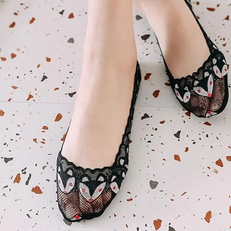 Женские летние кружевные низкие носки без подкладок с милым мультяшным животным