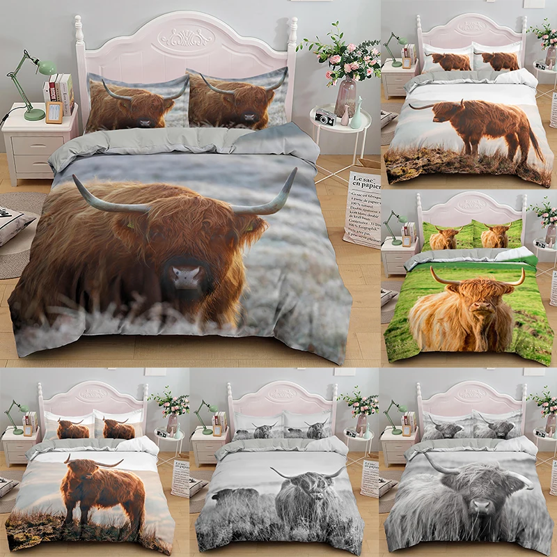 

Hot Fashion New Bedclothes Bed Set 3D Highland Cow Pattern Printed Bedding Sets Queen King Size 2/3PCS Suit