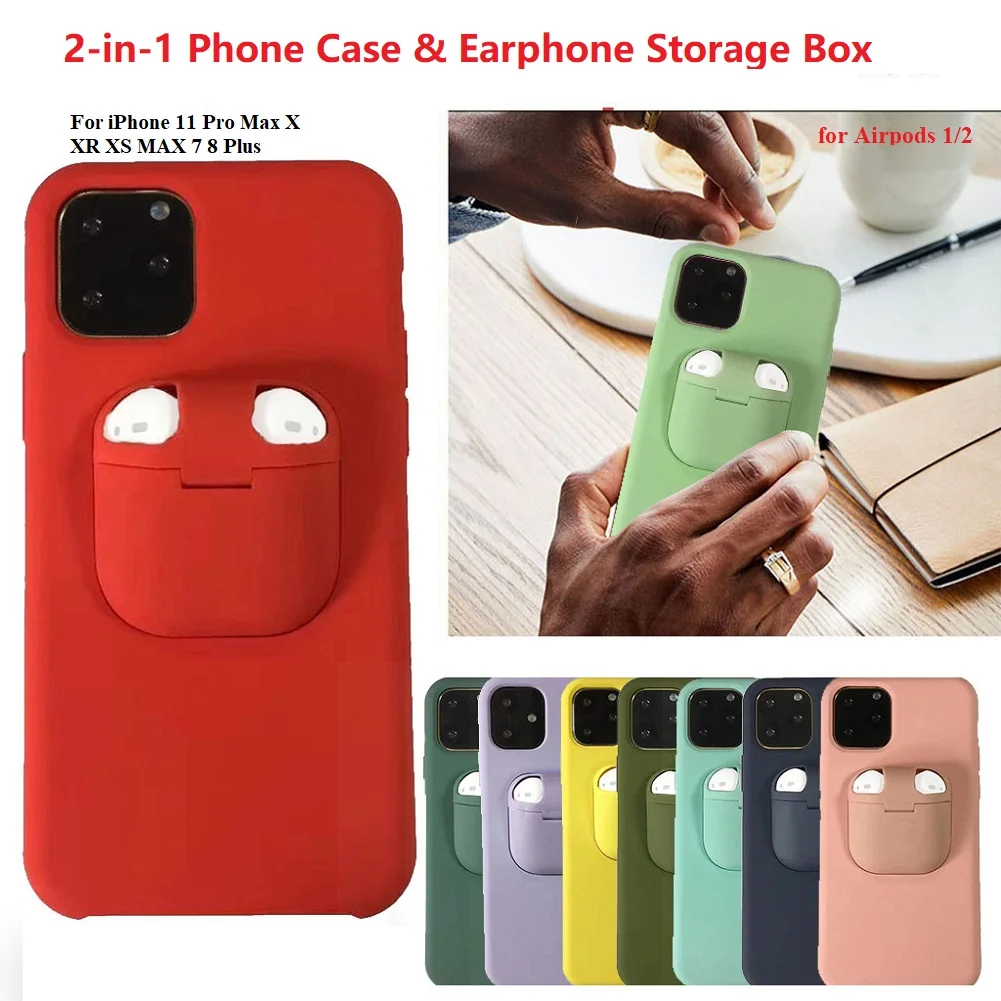 2 In 1 Phone Case Earphone Box For iPhone 11 Pro XS MAX XR X Airpods Headset Storage Pouch Back Cover 7 8 6 6S Plus |