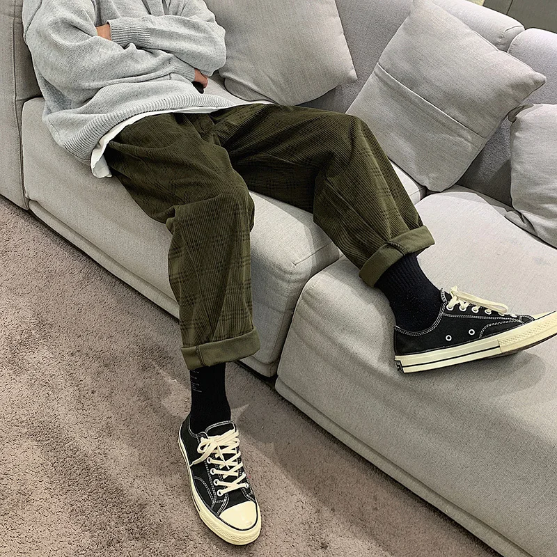 

2019 Men's Corduroy Lattice Printing Cotton Casual Pants Trousers Active Elastic Hip Hop Straight Pants Streetwear Sweatpants