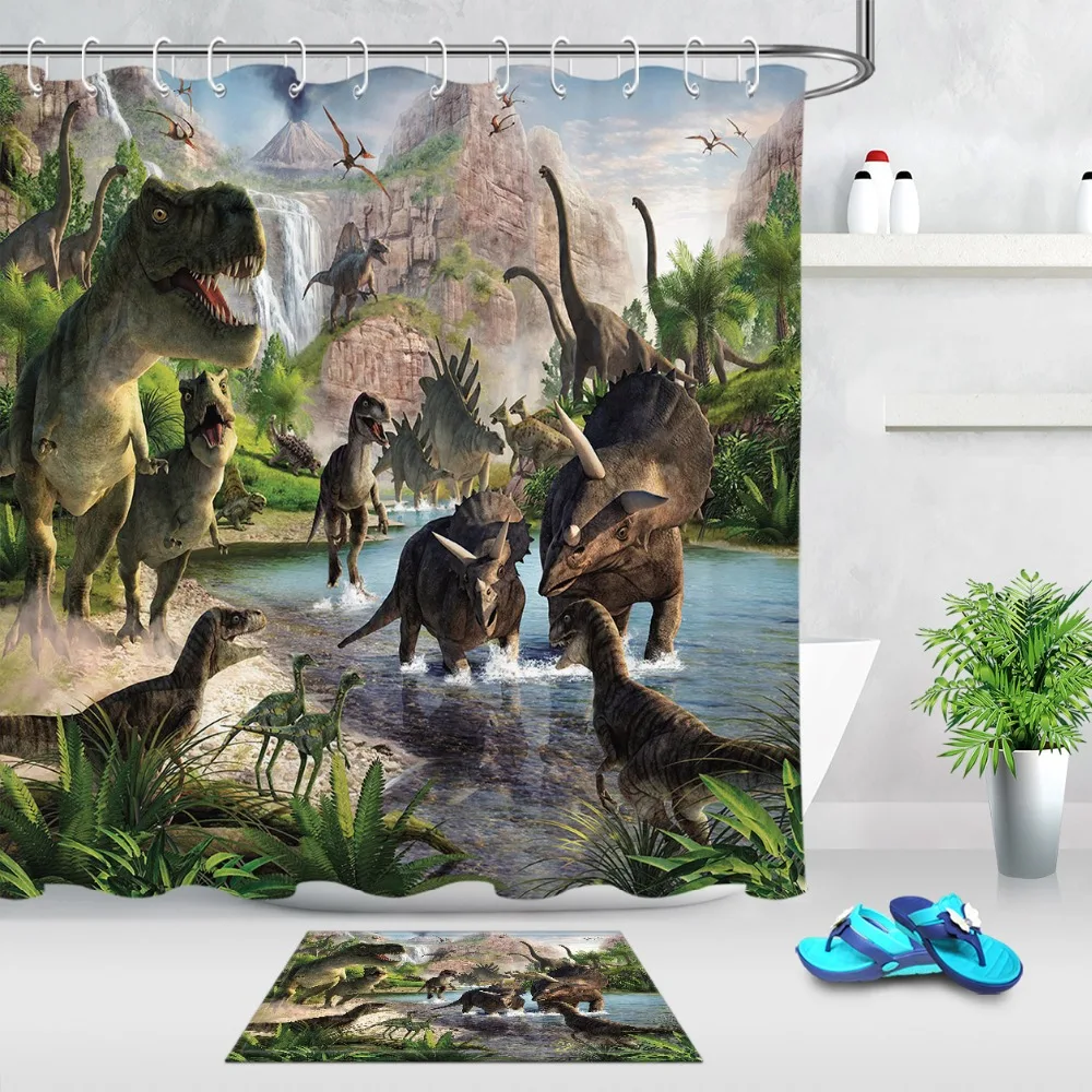 

Dinosaur Shower Curtain and Rug Natural Scenery Bathroom Screen Extra Long Waterproof Polyester Fabric for Kids Bathtub Decor