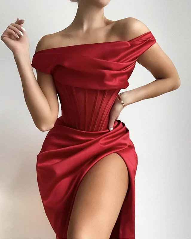 

Newest Sexy Off Shoulder Red Draped Split Women Winter Christmas Dress 2021 Designer Elegant Evening Party Club Dress Vestido