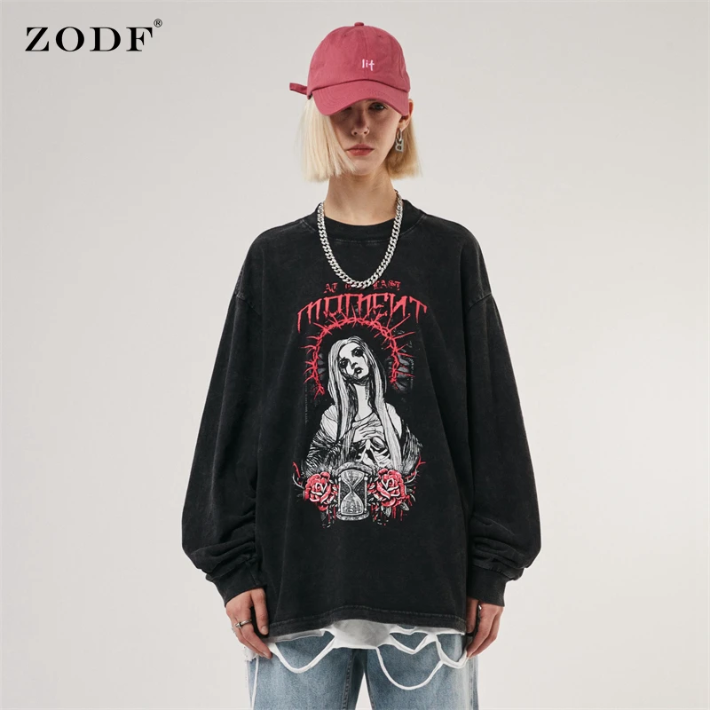 

Футболка мужская из вареного хлопка ZODF, с принтом в стиле ретро, с длинным рукавом, большого размера, HY0267, 2021
