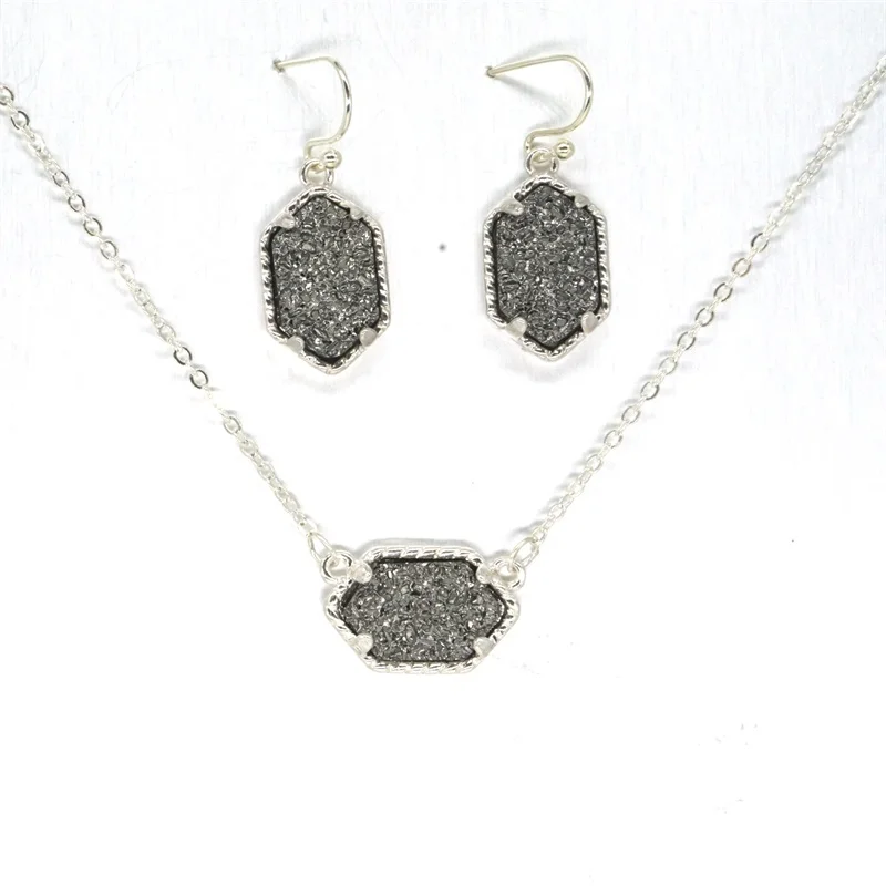Druzy Drusy ожерелье серьги ювелирный набор смолы кристалл серьги с камнем серебряный бренд шестиугольник Висячие серьги для женщин вечерние - Окраска металла: D Dark gray