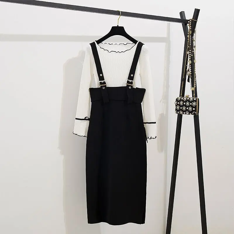 picture color Autumn Women Flare Sleeve Knitted Bow Top+Mid-Long Black Suspender Skirt Set Streetwear Two-piece Set Strap Skirt Overalls - Цвет: picture color