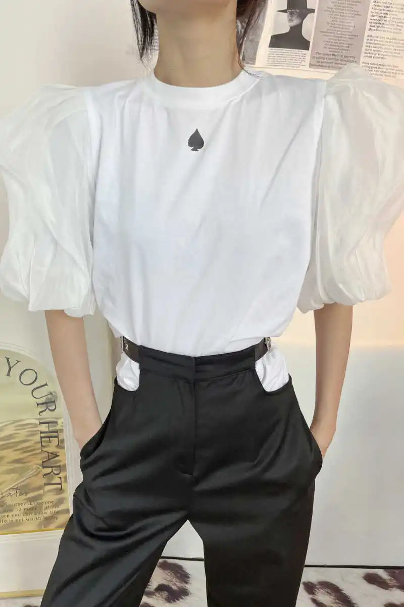 

DEAT 2021 New Spring And Summer Fashion Casual Solid Color Spade Heart Print Round Neck Slim T-shirt Top Women SL013