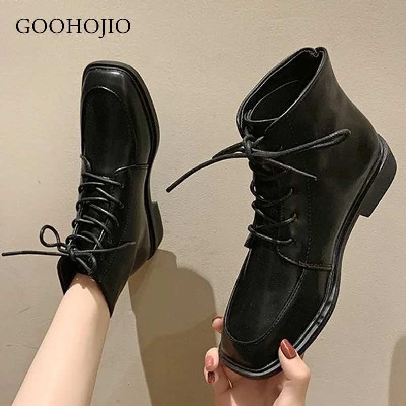 

GOOHOJIO 2020 New Autumn Breathable Women's Flat Boots Thick Lace-up Square Heel Boots Women Round Toe Fashionable Women Shoes