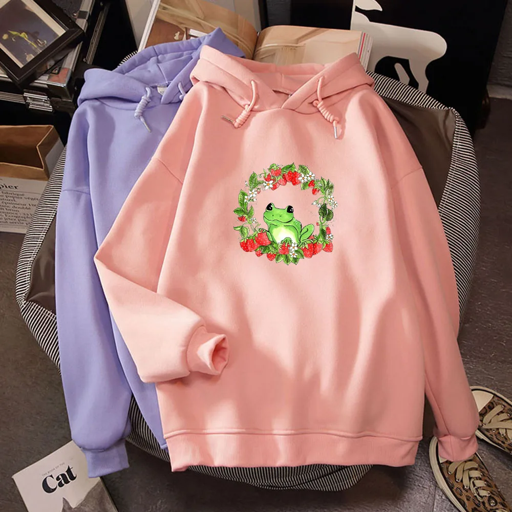 Sweetshirt Vintage Long Sleeve Sweatshirt Autumn Oversized Drawstring Hoodies Unisex Retro Graphic Strawberry Frog Print Hoodies