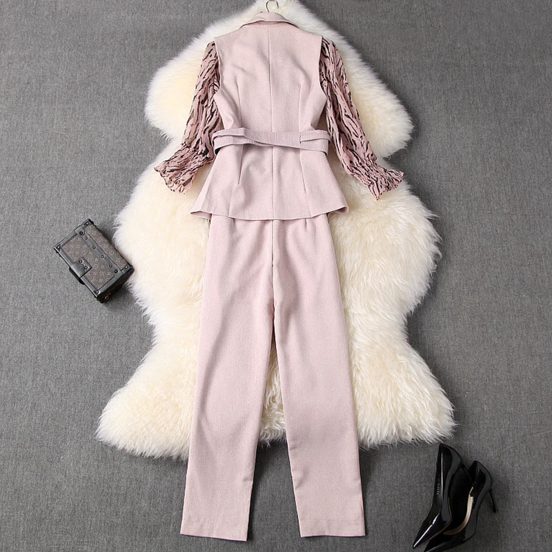 New 2020 spring Women pant suit office lady ruffles stand collar chiffon Blouse tops + double breatsed vest 3 piece set