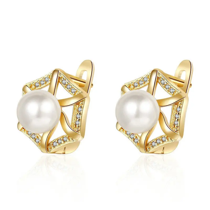 

Women's New Fashion Flower Pearls Geometric hoop Earrings Shiny Crystal Straight Pierce Earring Stud French Female Ear Jewelry