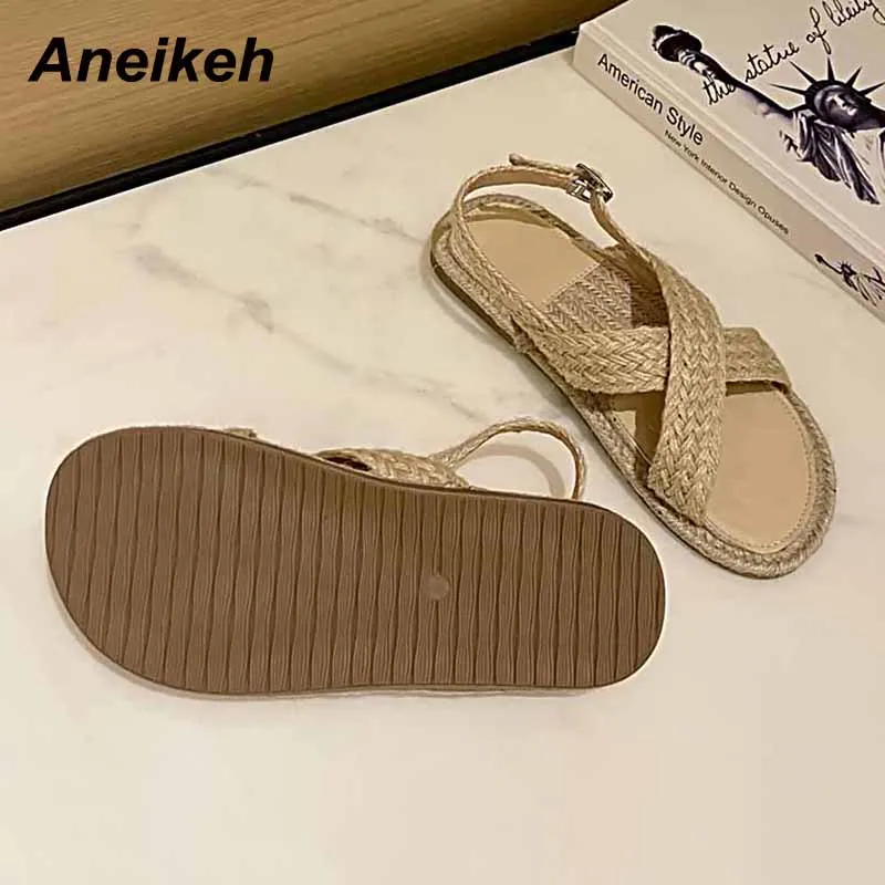 

Aneikeh 2021 Summer Women's Shoes Leisure Flat With Peep Toe Buckle Strap Round Toe Hemp Sandalias Mujer Shallow Solid Gladiator
