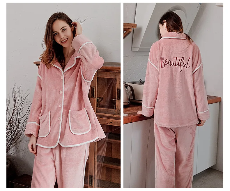 

Winter Thick Coral Fleece 2PCS Pajamas Set Women Sleepwear Pink Flannel Warm Nightwear Casual Bathrobe Gown Homewear Pijamas