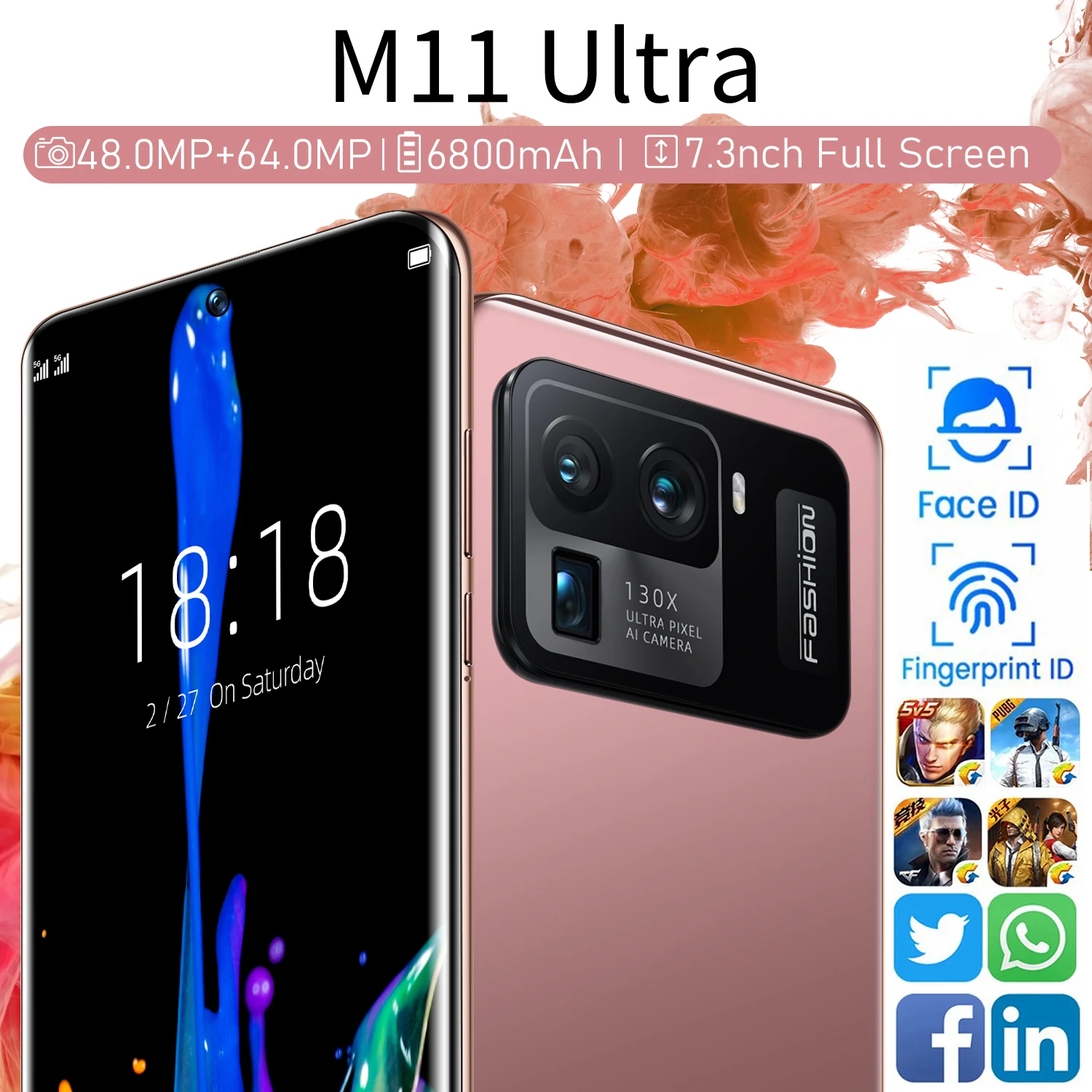 Oro smartphone M11 Ultra 7,3 pulgadas 16GB + 1T 5G Red Huella Digital ID 6800mAh tel&eacute;fono inteligente 48 + 64MP Dual SIM + Micro SD tel&eacute;fonos celulares-2