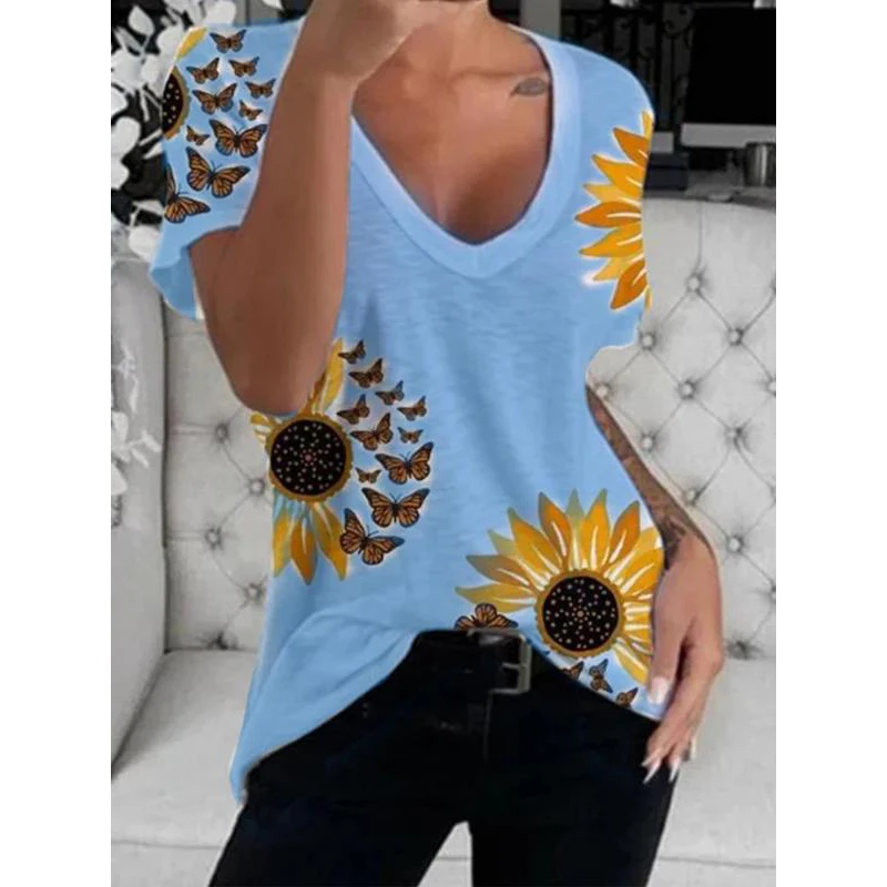

Summer Ladies Hot Sale Solid Color V-neck Sunflower Print Fashion Short-sleeved Shirt Casual Loose Daily T-shirt For Women