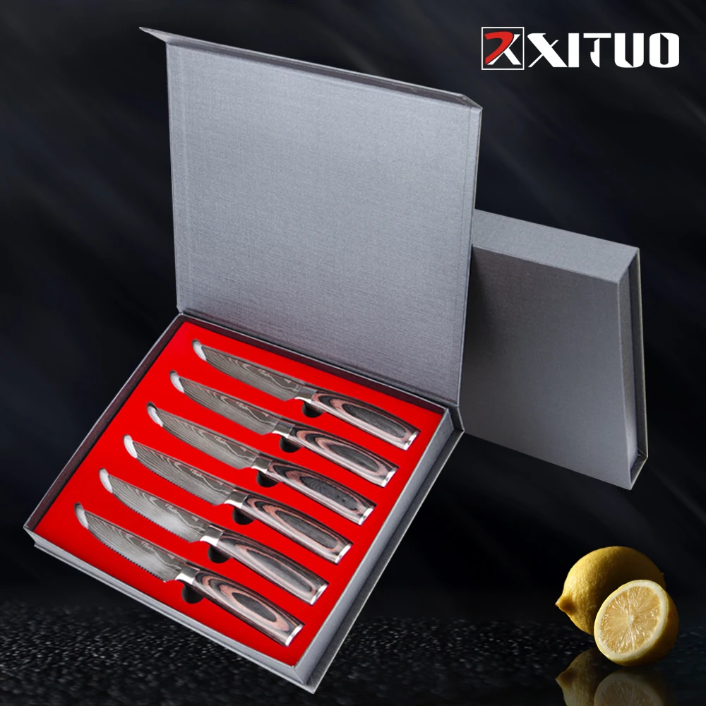 

XITUO 6-Piece Steak Knife Set Meat Cleaver Slicing Sharp Stainless Steel Serrated Beef Knife Meat Cutter Kitchen Chef Knives