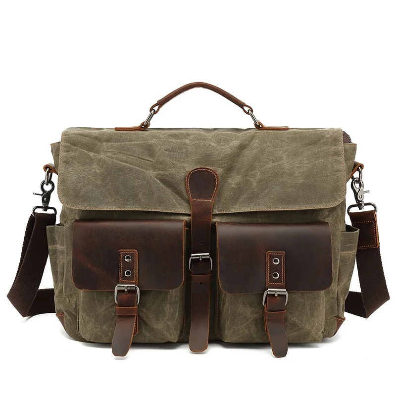 

Vintage Canvas Men Bag Leather Shoulder Crossbody Bags Work Satchel Waterproof Computer Laptop Briefcase Business Leisure Bag
