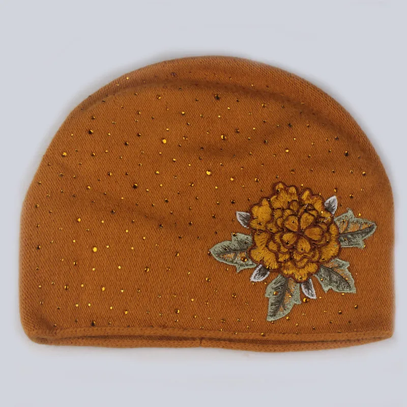 

Girls Winter Hat Cashmere Rabbit Fur Beanie Hat Rose Flower Embroidery Knitted Hat Warm Winter Cap For Women