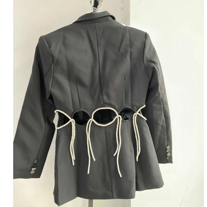 

DEAT Notched High Waist Full Sleeves Hole Drawstring Slim Black Blazer Female Top Autumn And Fashion Tide YJ90801
