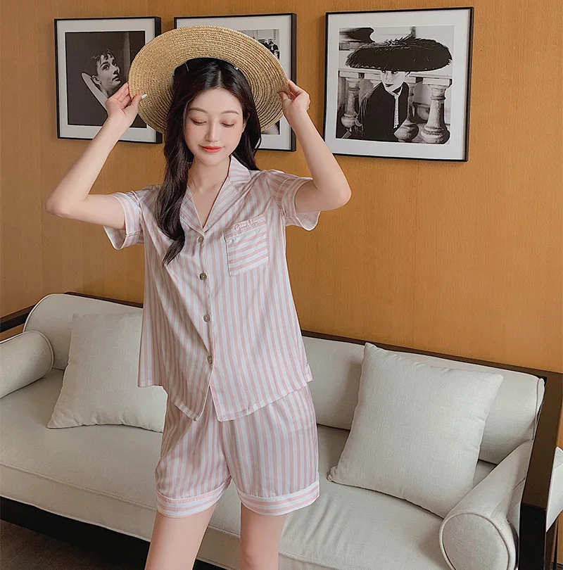 

Sweet Striped Shorts Pajamas Sets Women Korea Elegant Satins ice Silk Short Sleeves casual Pyjamas Women Sleepwear 99127