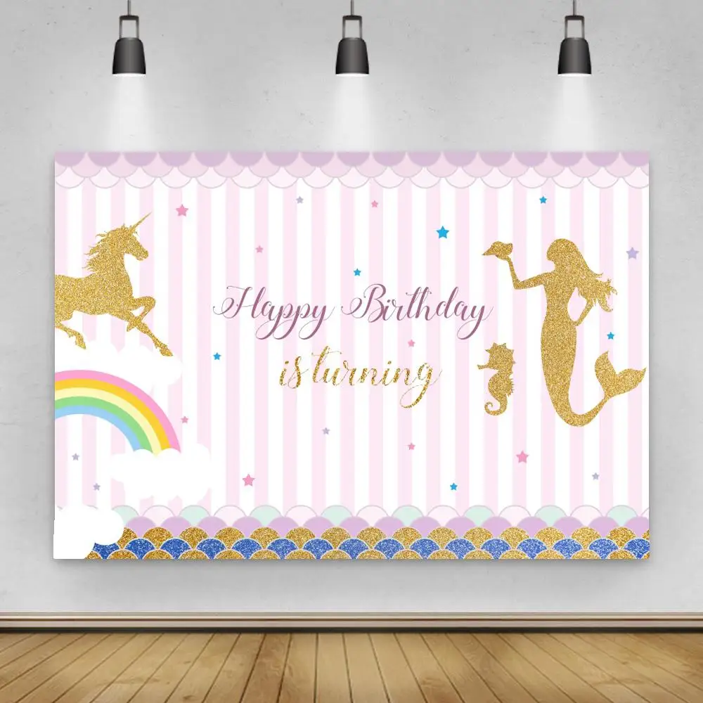 

Фон для фотосъемки с изображением Золотых Блесток русалки принцессы девочки на 1-й День рождения Радуга Рыба весы десерт стол Баннер фото фо...