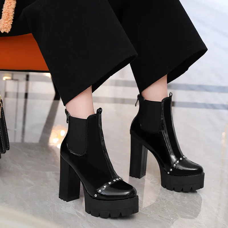 

Asumer 2021 New Arrive Ankle Boots For Women Autumn Winter High Heels Platform Boots Rivet Zip Fashion Dress Party Shoes Woman