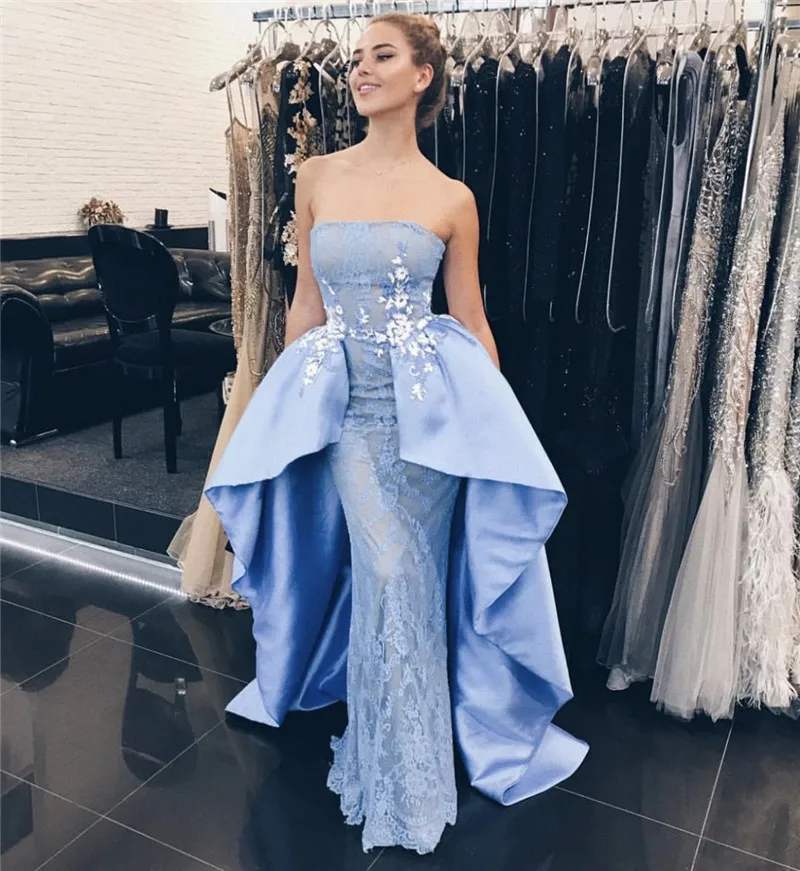 

Straight Strapless Prom Dresses witk Satin Skits Lace Appliques Evening Gown Special Occasion Dress abiti cerimonia